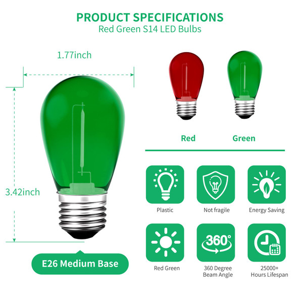 Meconard S14 Colored LED String Light Bulbs,1 Watt Plastic Shatterproof Waterproof Outdoor Indoor Replacement Bulbs for Home Decor, E26 Medium Base, Red Green Light Bulbs, 15Pack