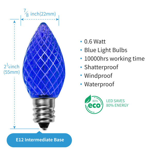 Meconard C7 Led Replacement Christmas Light Bulbs, C7 Shatterproof Led Bulbs for Christmas Indoor Outdoor String Lights, E12 Candelabra Base, Commercial Grade Holiday Bulbs, Blue, 25 Pack