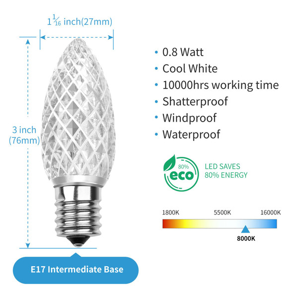 Meconard C9 Led Replacement Christmas Light Bulbs, C9 Shatterproof Led Bulbs for Christmas Indoor Outdoor String Lights, E17 Intermediate Base, Commercial Grade Holiday Bulbs, Cool White, 50Pack