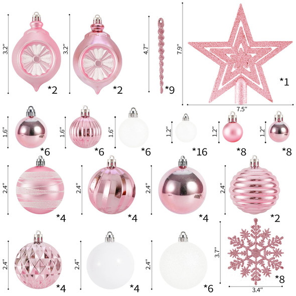 100PCS Christmas Tree Balls Ornaments Set with Christmas Tree Topper, Black Christmas Ornaments Sets for Christmas Tree, Shatterproof Hanging Christmas Tree Decorations (Pink+White)