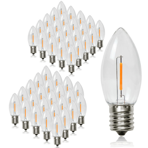 50 Pack C9 LED Replacement Christmas Light Bulbs, Warm White 2200K Waterproof Shatterproof Outdoor String Lights Vintage LED Filament Bulb, E17 Base, Commercial Grade Holiday Decoration Bulbs
