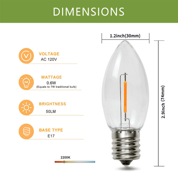 50 Pack C9 LED Replacement Christmas Light Bulbs, Warm White 2200K Waterproof Shatterproof Outdoor String Lights Vintage LED Filament Bulb, E17 Base, Commercial Grade Holiday Decoration Bulbs