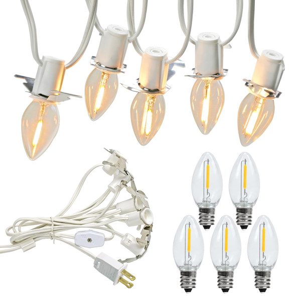 LED Accessory Cord with 5 LED Night Light Bulbs - C7 Christmas Village Light Accessory Cord - C7 led Bulb Warm White with Spare Fuse for Holiday Decoration and Craft Village House Decoration