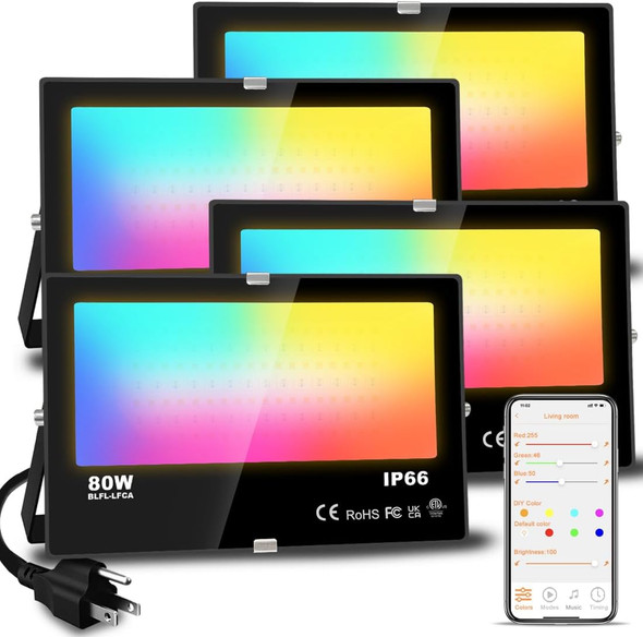 LED Flood Light Outdoor 800W Equivalent 8000LM Smart RGB Landscape Lighting with APP Control, DIY Scenes - Timing - 5700K Daylight White - Color Changing Uplight, IP66 Waterproof US Plug MELPO(4Pack)