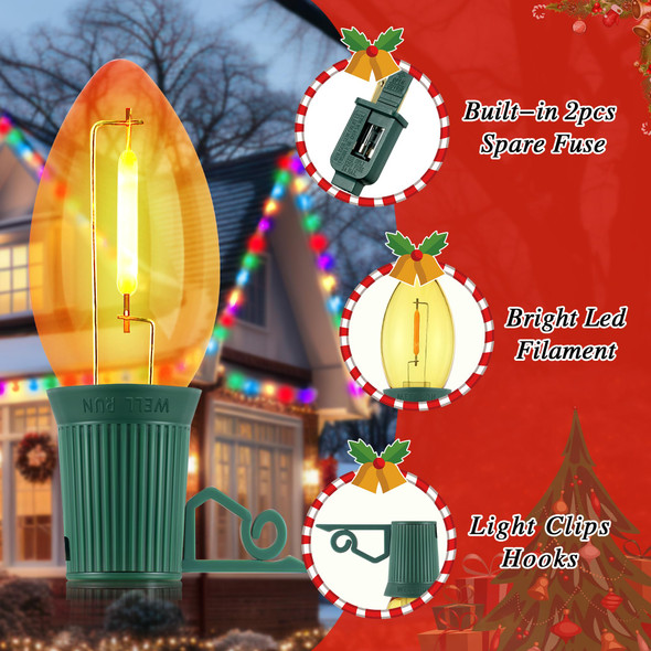 Meonum C9 Multicolor Christmas Lights with Clips Outdoor, LED Vintage Christmas Lights with Colorful LED Bulbs, Christmas Roofline Lights for House and Garden Xmas Decoration (25 Bulbs,25 FT)