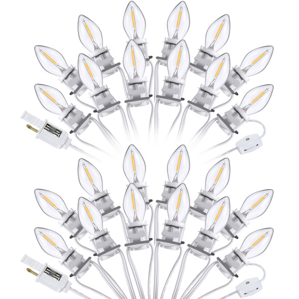 2 Pack Accessory Cord with LED Light Bulb C7 Cord Clip Christmas Village Lights with Double Spare Fuse Blow Mold String Lights Decoration for Xmas Village House Pumpkin Crafts Holiday Decor (12 LED)