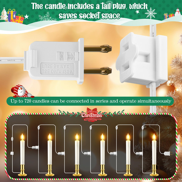 Meonum Set of 6 Christmas Electric Window Candles with Stability Gold Plated Base, 0.6 Watt LED Bulb, Suction Cups, and Plug in Design with On/off Switch Suitable for Home, Xmas, and Holiday Parties