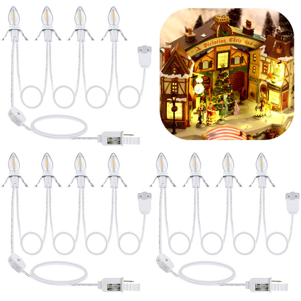 Meonum 3 Pack Accessory Cord with 4 LED Light Bulbs, 9.8 ft Christmas Village Light Cord with Female Plug, C7 Light Cord with Switch for Christmas Halloween Blow Mold Holiday Decor, Warm White Light