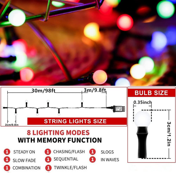 LED Christmas Lights Outdoor,300LED 105Ft 8 Modes Plug-in Connectable Waterproof Globe String Lights for Outdoor & Indoor Decorations (Multi-Colored)