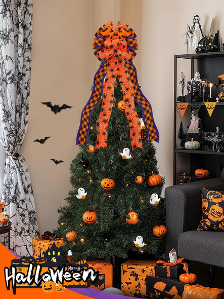 Large Halloween Tree Topper Bow - Christmas Tree Decor Bow with 3 Various Ribbons, Hanging Halloween Tree Ornaments with Ties for Home Front Door Stair Holiday Party, Orange