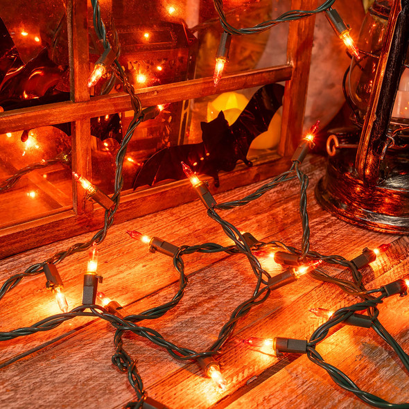 Orange Halloween Tree Lights with Green Wire,13ft 50 Incandescent Bulb Waterproof Fairy Lights，Plug in Mini String Lights for Christmas, Patio, Holiday, Party, Home, Indoor Outdoor Decor