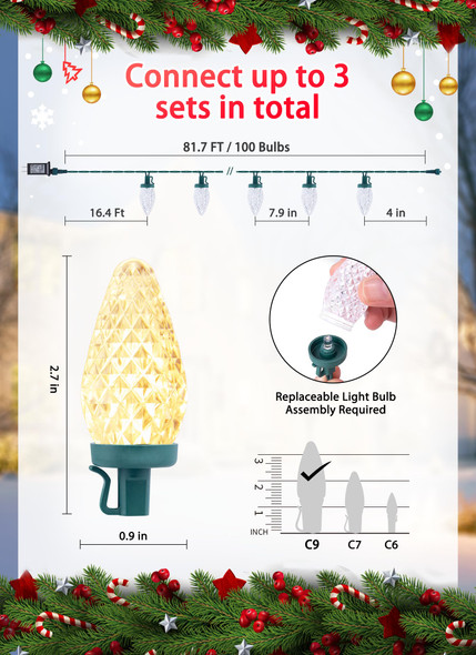 C9 LED Christmas Lights Outdoor, 81 Feet 100 LED String Lights with Timer & 8 Lighting Mode, Waterproof Commercial Grade Extendable for Indoor Outside Roofline Patio Home Xmas Decoration, Warm White