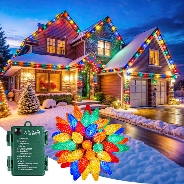 C9 LED Christmas Lights Outdoor, 40 Feet 60 LED String Lights with Timer & 8 Lighting Mode, Waterproof Battery Operated C9 Christmas Decoration for Indoor Outside Patio Home Xmas Tree, Multicolor