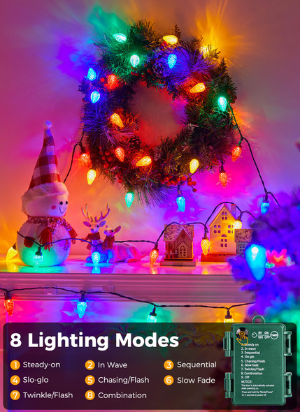 C9 LED Christmas Lights Outdoor, 40 Feet 60 LED String Lights with Timer & 8 Lighting Mode, Waterproof Battery Operated C9 Christmas Decoration for Indoor Outside Patio Home Xmas Tree, Multicolor