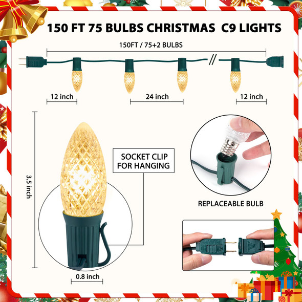 Minetom C9 LED Commercial Outdoor Christmas Lights – 150 FT Heavy Duty Christmas String Lights, Waterproof Connectable UL Warm White C9 Lights for Indoor Roofline Xmas Decor Minetom C9 LED Commercial Outdoor Christmas Lights – 150 FT Heavy Duty Christmas String Lights, Waterproof Connectable UL Warm White C9 Lights for Indoor Roofline Xmas Decor