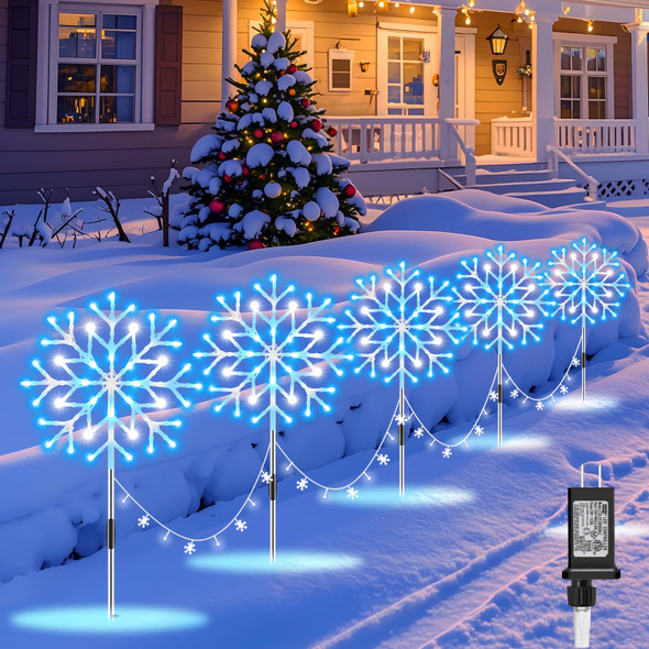 Minetom Snowflake Lights Outdoor, 10 Large Snowflake Christmas Pathway Lights Outdoor Christmas Decorations Yard Sidewalk Walkway Driveway Marker Stake, Blue and White
