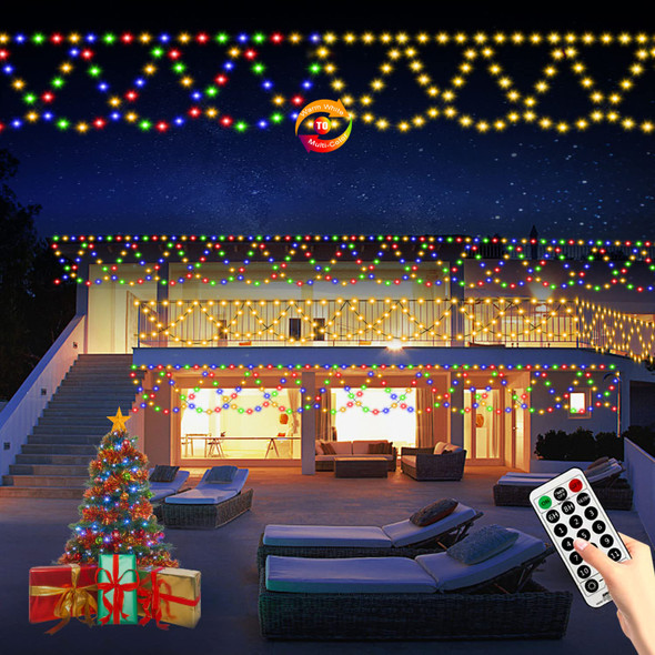 Christmas Lights Outdoor, 34FT 380 LED Christmas String Lights Extendable Waterproof 11 Lighting Modes ColorChanging with Remote Half-Round Christmas Lights for Eaves Yard House Wedding Party