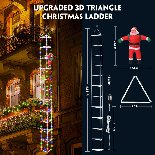 Christmas Decorations Lights Outdoor, 9.8ft 3D Christmas Triangle Ladder Lights with Santa Claus, Waterproof LED Christmas Lights with 8 Modes for Wall, Home, Garden, Xmas Party Indoor Outdoor Decor
