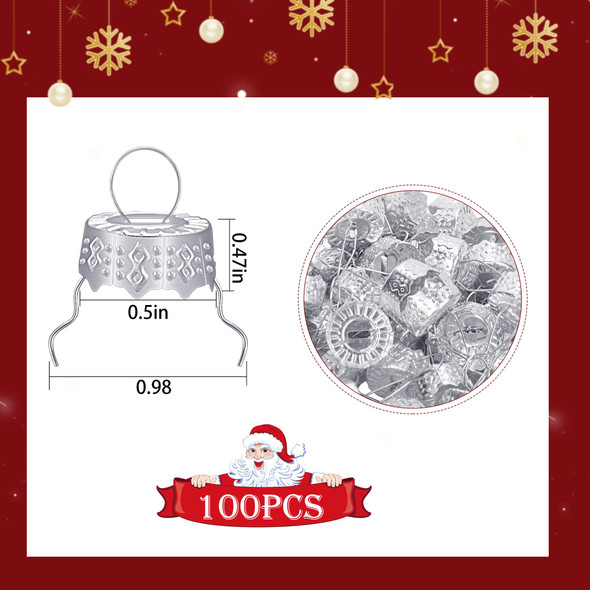 moonoom 100 Pieces Round Christmas Ornament Caps, Christmas Replacement Ornament Hangers Caps for Christmas Tree, Porcelain, Ceramic or Glass DIY Decorations (Silver-1/2inch)