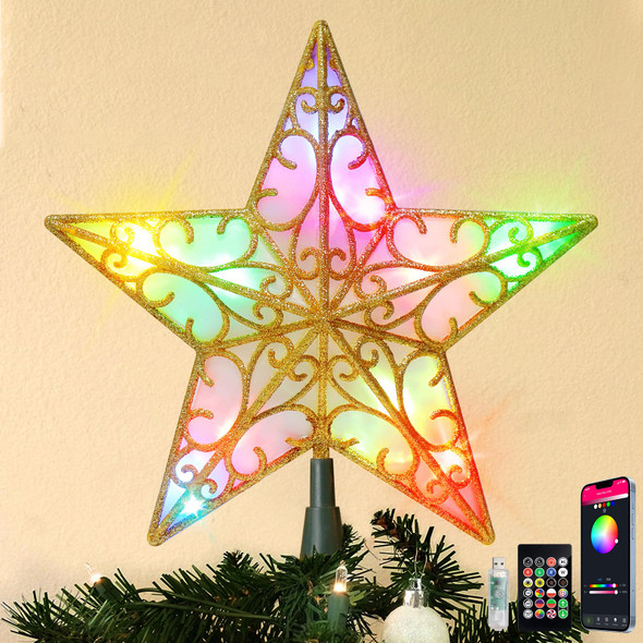 Christmas Star Tree Topper, RGB 9In Glittered Star Tree Topper Light with 10 LED Lights, Hollow Designed with USB Plug for Indoor Year Holiday Tree Decoration