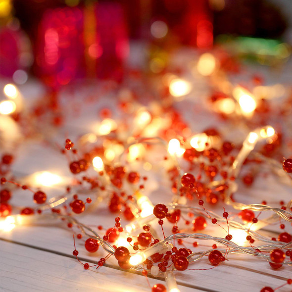 LED Pearl Berry Beaded Garland String Light 13 ft 40 Bead Light for Indoor Outdoor Festive Birthday Party Wedding DIY Home Mantel Decoration 2 Flicker Modes (Red)