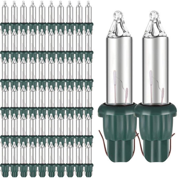 Mudder 100 Pcs Christmas Clear Replacement Mini Light Bulbs Incandescent Light Bulbs 3.5 V Mini Glass Lights with Green Base for Christmas Trees Decor Supplies, 0.125 Ampere, 0.43 Watt(100 Pieces)