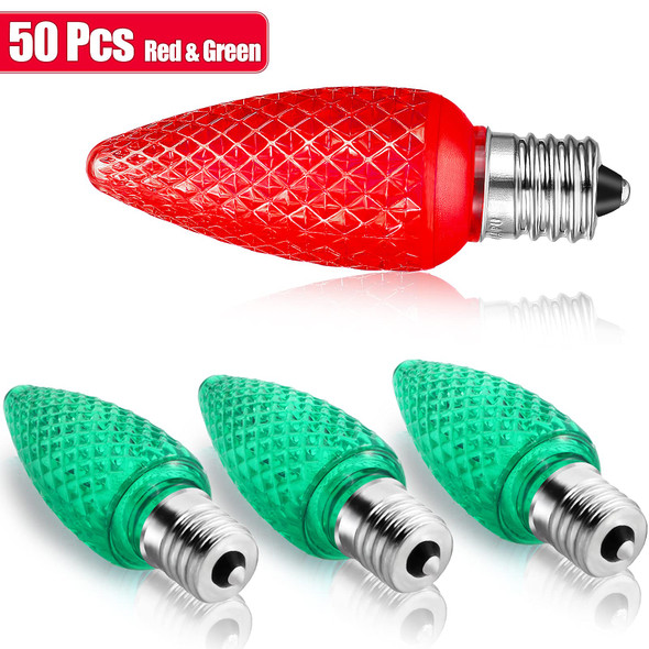 50 Pieces C9 Christmas Light Replacement Bulb E17 LED Easter Light Replacement Bulb Outlet Faceted Christmas Bulb LED for Holiday Decoration(Red, Green)