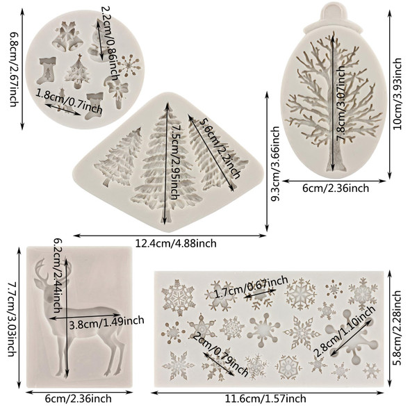 Christmas Silicone Molds Snowflake Molds Mini Xmas Fondant Chocolate Candy Molds Christmas Snowman Tree Snowflake Deer Baking Molds For Cake Decoration Topper Polymer Clay Gum Paste Set Of 5
