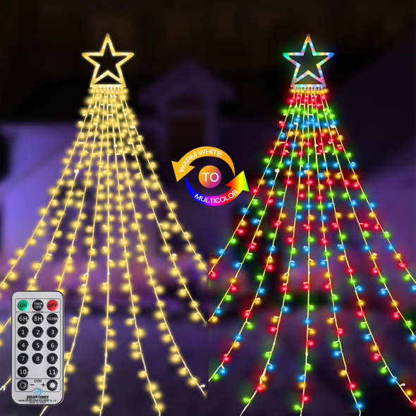 Christmas Decoration Lights 320 LED Color Changing Outdoor Star String Lights Waterproof Waterfall Christmas Lights 11 Light Modes, Remote & Timer [Warm White & Multicolor]