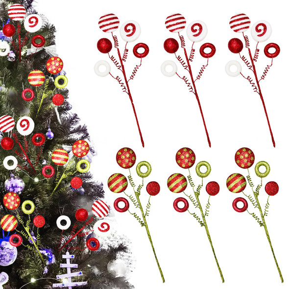 6pcs Christmas Tree Decorations Candy Xmas Picks Lollipop Balls Curly Pick Christmas Striped Glitter Branch Ornament for Xmas Tree Topper Decoration Christmas Holiday Craft Wreath Vase Filler