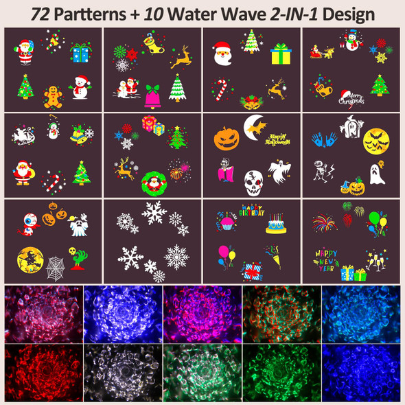 Christmas Projector Lights, NACATIN 2-in-1 HD Effects (72 Patterns + 10 Water Waves) Water-Resistant Holiday Projector Lights Outdoor with Remote Control for Xmas Halloween Birthday Party Christmas Projector Lights, NACATIN 2-in-1 HD Effects (72 Patterns + 10 Water Waves) Water-Resistant Holiday Projector Lights Outdoor with Remote Control for Xmas Halloween Birthday Party