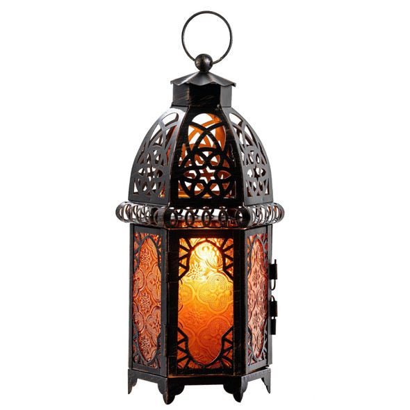 NEEDOMO Moroccan Lanterns Decorative Indoor & Outdoor, 12.8'' Vintage Christmas Candle Holder, Metal Lanterns Decorative, Table, Patio, Porch, Shelf, Christmas Home Decor (Amber)