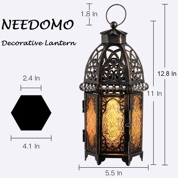 NEEDOMO Moroccan Lanterns Decorative Indoor & Outdoor, 12.8'' Vintage Christmas Candle Holder, Metal Lanterns Decorative, Table, Patio, Porch, Shelf, Christmas Home Decor (Amber)