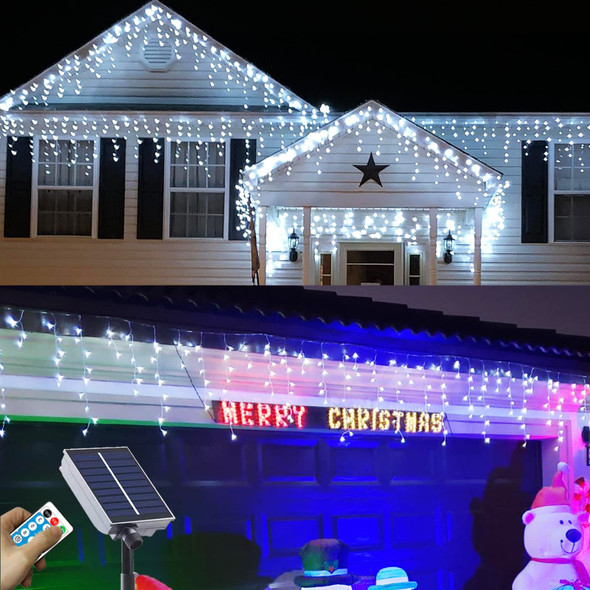 d Solar Christmas Icicle Lights,304 LED Outdoor Christmas Decorations 8 Modes Waterproof Solar Icicle Lights for Patio Yard Garden Wedding Party House Xmas Tree Roof Decorations(Cool White)