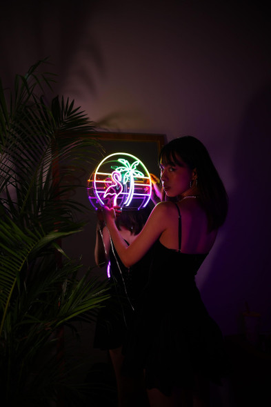 Flamingo Neon Sign Neon Palm Tree Neon Sign (33x28cm) Vaporwave Neon Light Flamingo Sign for Wall Decor Tropical Tiki Bar Decor Bedroom Decor Led Light Flamingo christmas decorations pink decorations for bedroom Tropical Decor (33x28cm)