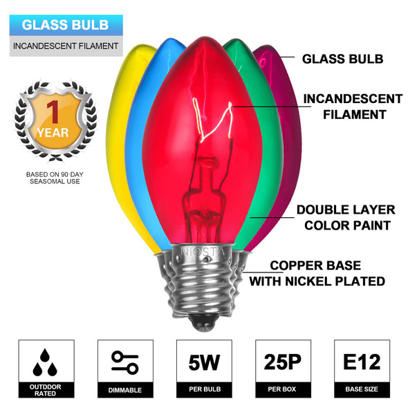 NIOSTA 25 Pack C7 Christmas Replacement Light Bulbs,Clear Glass Incandescent Blubs for Outdoor Indoor Christmas String Lights, E12 Candelabra Base 5 Watt, Multicolor