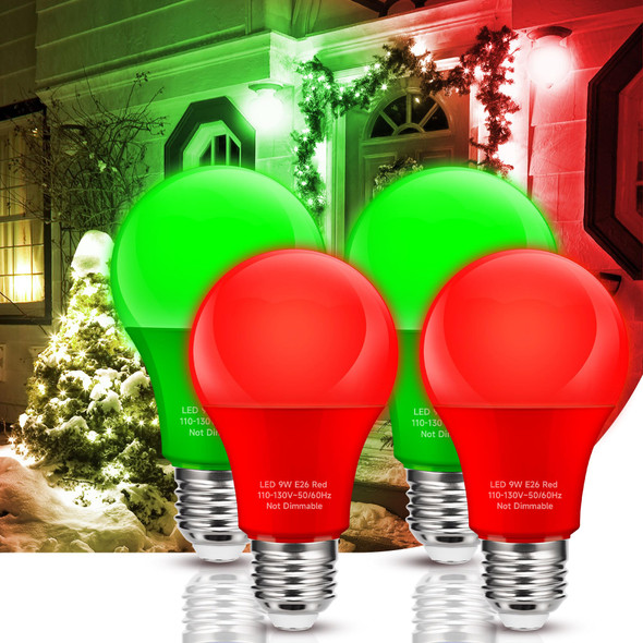 Red Green LED Light Bulbs Outdoor [Christmas Combo], 9W Equivalent 60W, E26 Medium Base, A19 Colored Light Bulb Decorative for Halloween, Thanksgiving Day Holiday Lighting Bar, Not-Dim, 4 Pack
