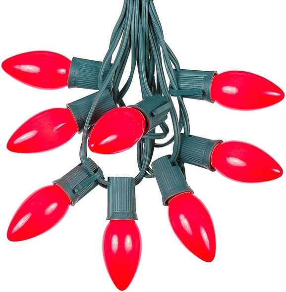 100 Foot C9 Red Ceramic Christmas String Light Set - Outdoor Christmas Light String - – Opaque Christmas Bulbs - Roofline Light String – Outdoor String Lights - Green Wire