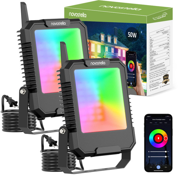 NOVOSTELLA Smart Flood Lights 50W 2Pcs RGB+CW 2700K-6500K, Outdoor Floodlights, Christmas Color Changing Spotlights, Colored Landscape Flood Light IP66 Waterproof Stage Uplighting for Party Christmas