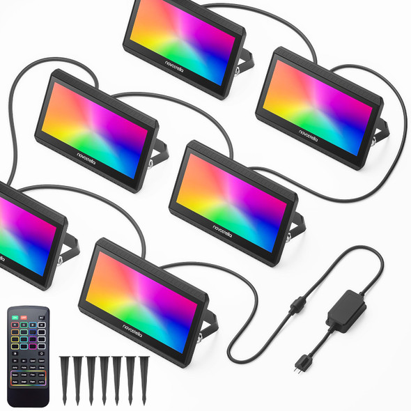 NOVOSTELLA RGBW LED Flood Light Outdoor Interconnected, Color Changing Landscape Floodlights with RF Remote, 2700K White IP66 60W Uplighting for Halloween Christmas, for House Garden Yards Stage