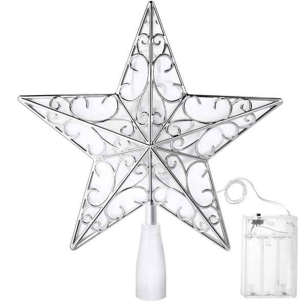 Nuanchu Christmas Star Tree Topper Ornament 10.4 inch x 9.4 inch Glitter Tree Topper with 20 LED Lights Xmas Tree Topper Reflector Star Treetop Lighted Christmas Tree Decorations Plastic Star(Silver)