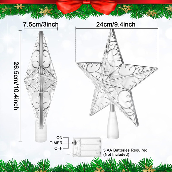Nuanchu Christmas Star Tree Topper Ornament 10.4 inch x 9.4 inch Glitter Tree Topper with 20 LED Lights Xmas Tree Topper Reflector Star Treetop Lighted Christmas Tree Decorations Plastic Star(Silver)