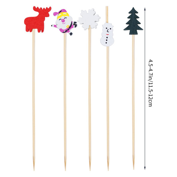 100pcs Christmas Cocktail Picks Appetizer Decorative Toothpicks Santa Claus Wooden Fruits Pick Snowflake Snowman Christmas Tree Elk Bamboo Sticks for Drink Cake Topper Dessert Xmas Party Food Decor