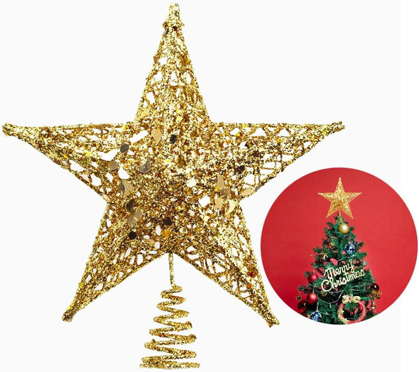 Christmas Tree Star Topper, Xmas Tree Topper Glittered 5 Point Star Treetop for Christmas Tree Ornament Indoor Party Home Decoration (Golden, 8inch)