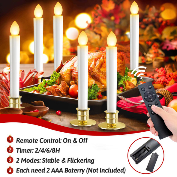 Christmas Window Candles Lights: 10 Pack Flameless Candles Christmas Decorations Taper LED Battery Operated Candles with Remote Control Timer Gold Candle Holders for Window Decor Party Table Top