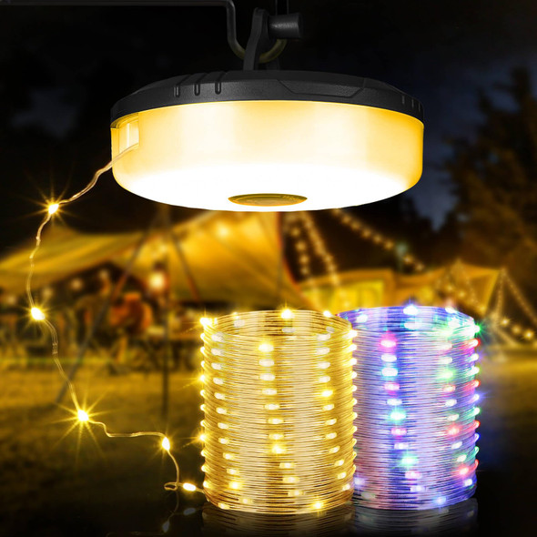 Camping String Lights, 2 in 1 Quick Storage 32.8FT Rechargeable Tent Lights String with 8 Lighting Modes, Hanging Waterproof Portable LED Lamp for Bedroom Yard Decor Christmas Camping Essentials