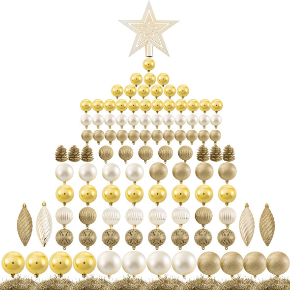 Ogrmar 119ct Christmas Tree Ball Ornaments Set Assorted Shapes and Sizes Shatterproof Hanging Decoration with Hand-held Package for Christmas Tree Holiday Wedding Party (Golden) Ogrmar 119ct Christmas Tree Ball Ornaments Set Assorted Shapes and Sizes Shatterproof Hanging Decoration with Hand-held Package for Christmas Tree Holiday Wedding Party (Golden)