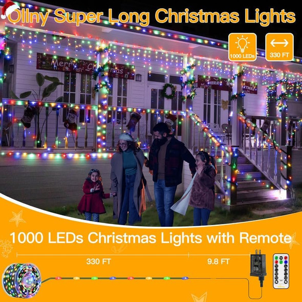 Ollny Christmas Lights 1000 LED 330 FT, IP67 Waterproof Plug in Christmas Tree Lights with Remote, 8 Modes, 3 Timers, Dimmable, House Xmas Indoor Decorations Outdoor Christmas Lights (Multicolored)