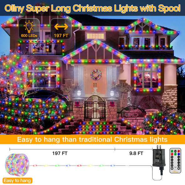 Ollny Christmas Lights Outdoor 600LED 197FT, Multicolor Christmas Tree Lights IP67 Waterproof, Plug in Fairy Lights with Remote 8 Modes Timer, Xmas Lights for Indoor House Holiday Decor