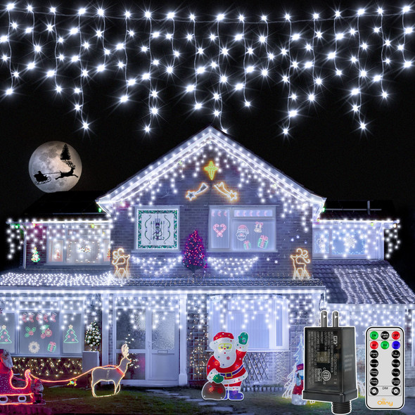 Ollny Icicle Lights for Outside 720LED 60FT, Cool White Christmas Lights with Remote 8 Modes Dimmable, Waterproof Connectable Timer Hanging Lights for House Outdoor Yard Indoor Decorations